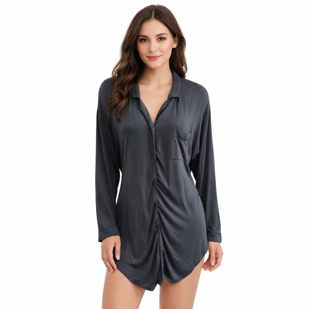 NAADAM Charcoal Modal Spandex Blend Button Sleep Dress Women's Med